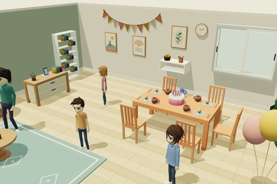 Le salon de l’expérience de l’anniversaire, avec des personnages autour d’une table