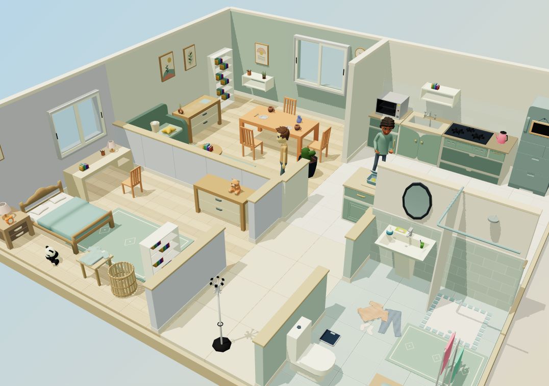 La maison au quotidien : un salon, une cuisine, une chambre et une salle de bain à explorer en 3D.